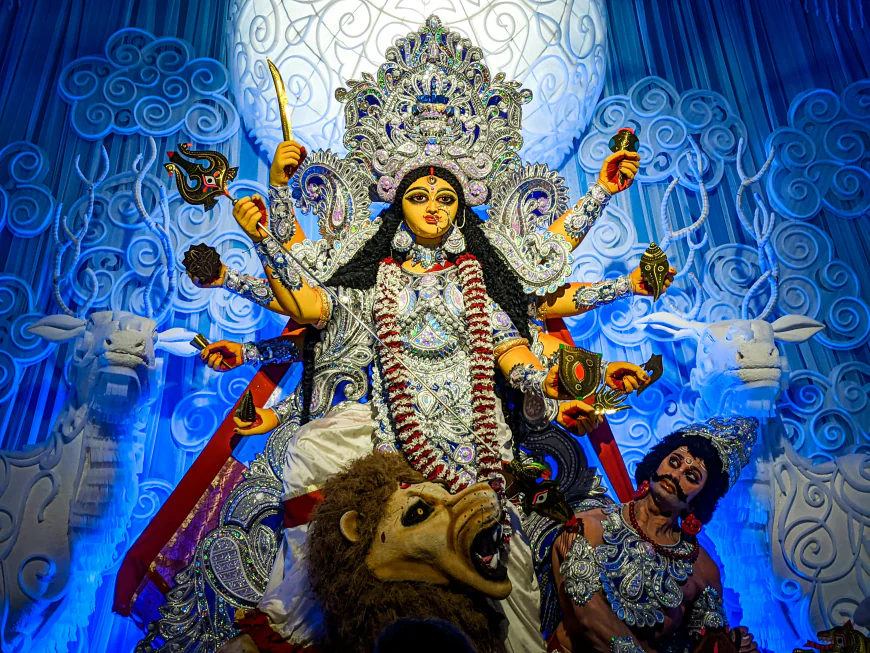 Durga (Strength): Wielding weapons gifted by male gods, Durga slays the buffalo demon Mahishasura. Her victory during Navaratri celebrates the triumph of courage over fear